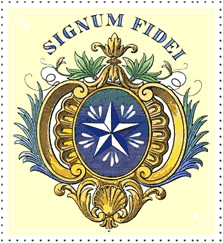Ornate gold crest with blue circle, white star, green leaves, and Latin text "Signum Fidei" above.